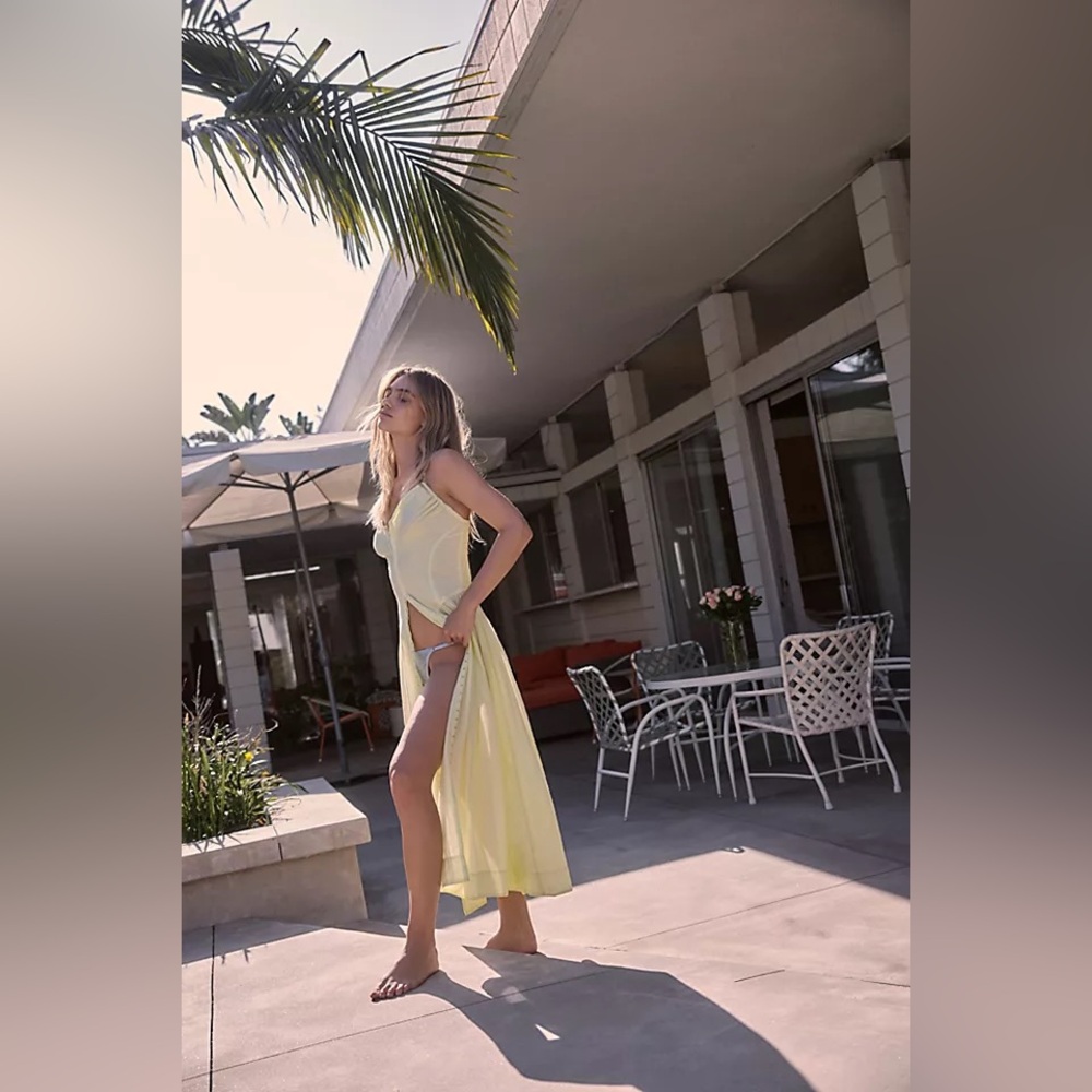 FREE PEOPLE CORSET HOOK-EYE PALE NEON YELLOW HEATING UP MAXI SLIP